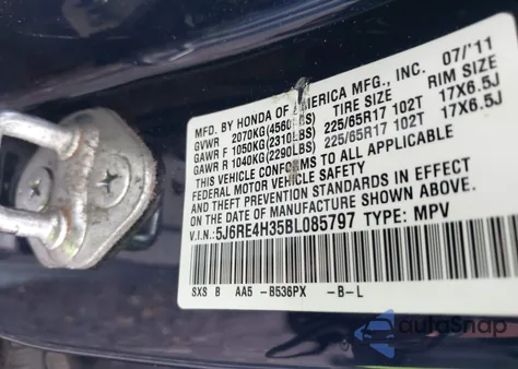 2011 Honda Cr-V Lx из США, поврежденный, VIN 5J6RE4H35BL085797